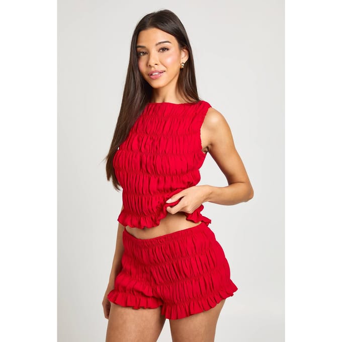 boohoo Dames Chiffon Gesmokkte Mini Short | Rood | Maat: 40