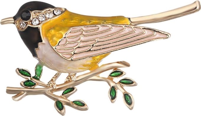 Fako Bijoux® - Broche - Vogel - Vogel Op Tak - 45x26mm - Geel