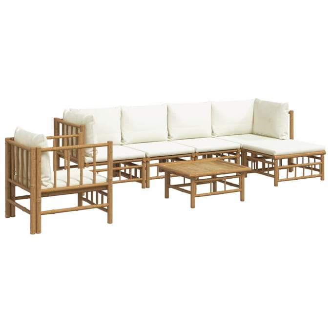 vidaXL - 7-delige - Loungeset - met - kussens - bamboe - crèmewit