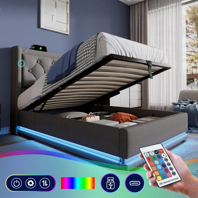 Gestoffeerd Eenpersoonsbed - 90x200 - Hydraulisch Opbergbed + USB-C + LED 3-zijdig - Katoen - Grijs