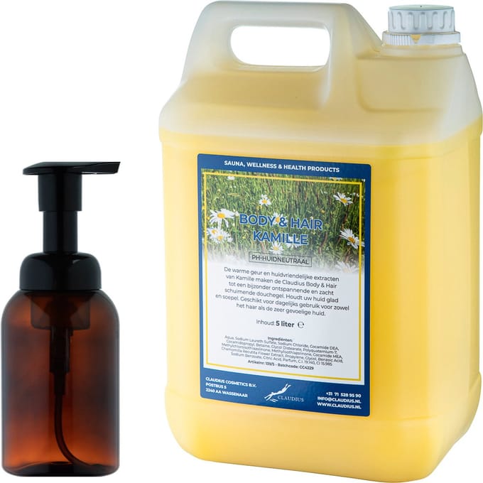 Zeepdispenser 300 ml amber bruin hervulbaar + 5 liter Body & Hair Kamille navulling