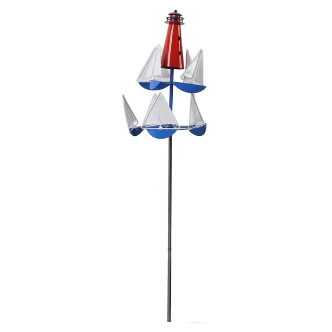 Zeilboot Windmolens Metaal Heldere Kleuren Vuurtoren Zeilboot Decoratie Kunst Windsculptuur voor Tuin white