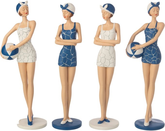 J-Line decoratie Vrouwen Badpak Ballon - polyresin - blauw/wit - set van 4