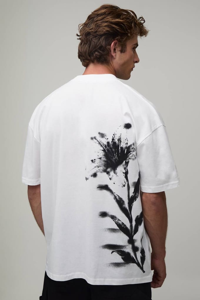 Oversized Heren Script Bloemenprint T-shirt | White | Size XS