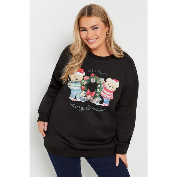 Yours Sweatshirt Met Teddybeer Kerstprint In Zwart Size 48