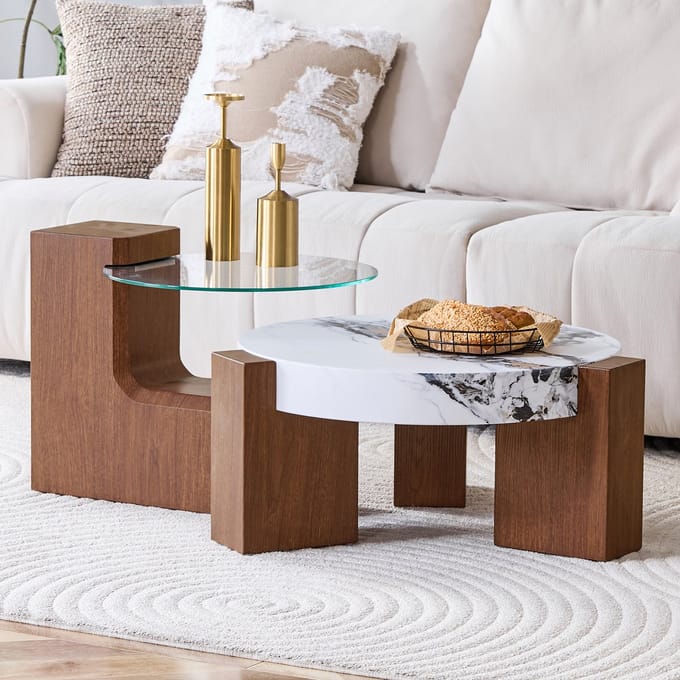Salontafel Set - 2-Delig - Walnootlook en Veiligheidsglas - Deelbaar Design - Glas en MDF - Walnoot