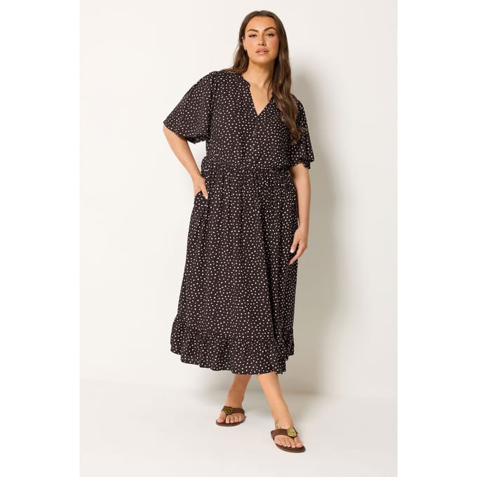 Yours Bruine Maxijurk Met Stippenprint En Inkeping In De Hals Size 46