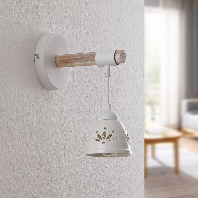 Lindby - wandlamp - 1licht - staal, keramiek, hout - H: 30 cm - E14 - licht hout, wit