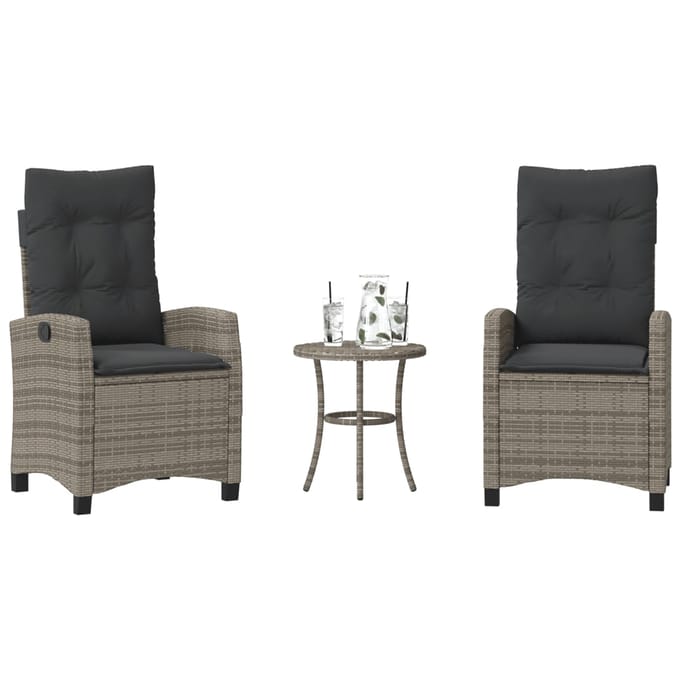 vidaXL - 3-delige - Bistroset - met - kussens - poly - rattan - grijs