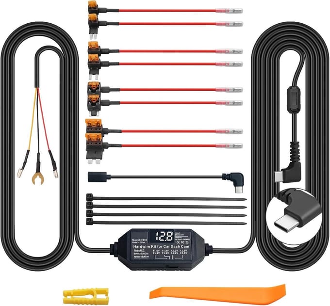 Dashcam Bedradingsset - Auto Oplader Kit - Parkeerbewaking - Spanningsscherm Instelbaar - USB Type C