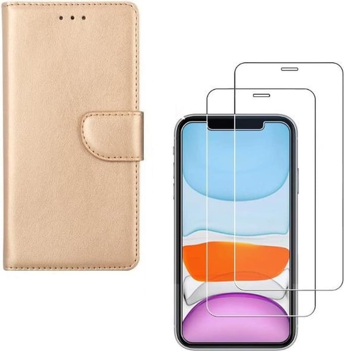 Bookcase Geschikt voor: iPhone 11 - goud - portemonee hoesje + 2X Tempered Glass Screenprotector