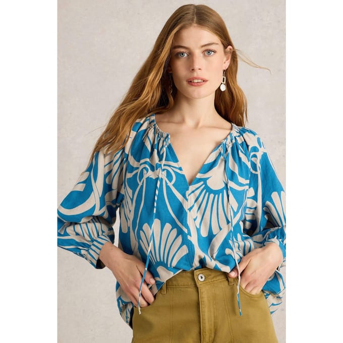 White Stuff Marley Linen Blend Top Blue Print Taglia: 8 | Maglie a manica lunga Outlet | Donna | Bianco