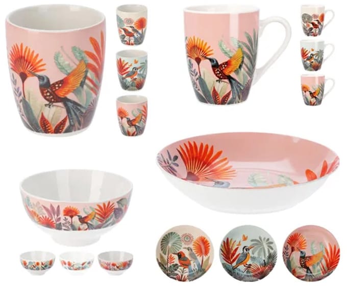 12-delige Serviesset Tropisch Vogelmotief-licht Geel