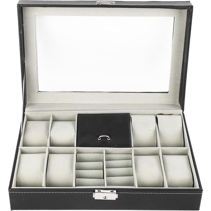 Horloge Sieradendoos 8 Sleuven Horlogedoos Etui 2 Compartimenten Ring Afsluitbaar PU Leer Horloge Opbergdoos gray