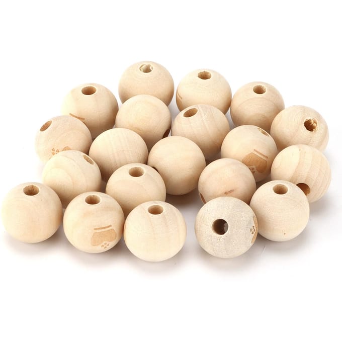 Lot de 20 perles rondes en bois à motifs mignons avec trou pour loisirs créatifs et graffitis beige