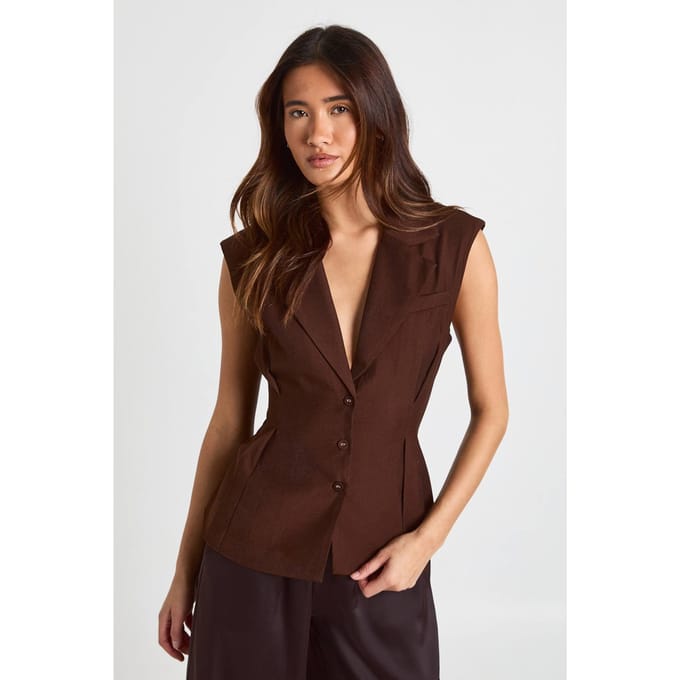 boohoo Dames Lange Getailleerde Vest met Ingekneepte Taille | Chocolate | Maat: 8