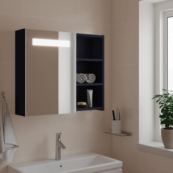 vidaXL - Badkamerkast - met - spiegel - en - LED - 60x13x52 - cm - grijs