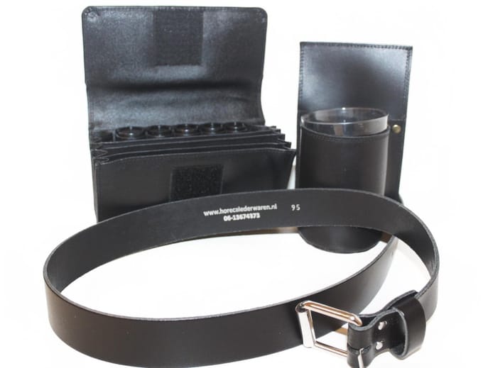 Kelnerbeurs met munthouder complete set met riem en poetsdoekholster