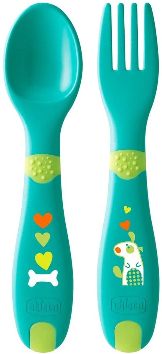 Chicco Bestek Lepel En Vork Junior 16 Cm Groen 2-delig