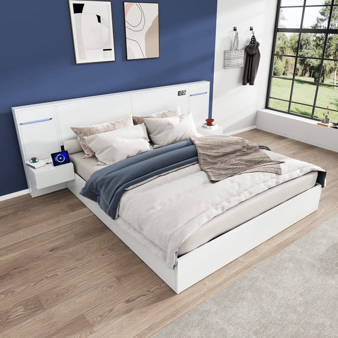 OKWISH Bed 180x200 cm - Bluetooth-Luidsprekers en Instelbare Sfeerverlichting - Met 2 Nachtkastjes - MDF Modern - Wit - Zonder matras