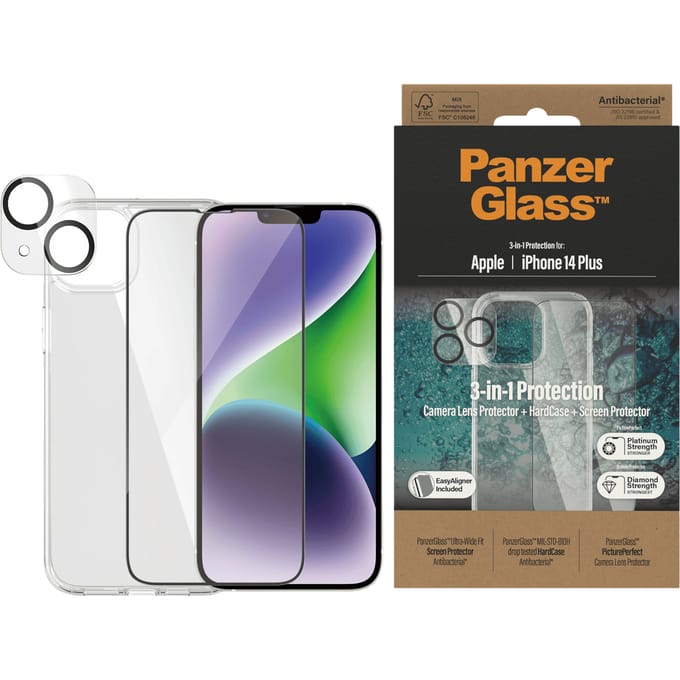PanzerGlass iPhone 14 Plus Bundel Hardcover + Screenprotector + Glazen Camera Screenprotector Transparant