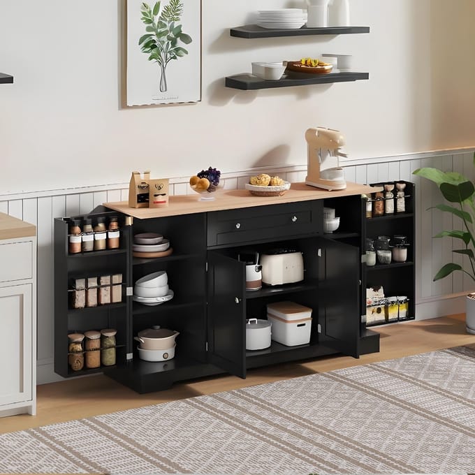 Sweiko Buffetkast - Dressoir - Met lade + legborddeur - Verstelbaar legbord - Zwart + Natuurlijk
