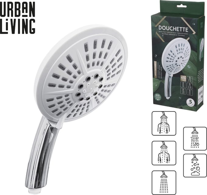 Urban Living basic douchekop - met 5 functies - 24 cm - zilver/wit - kunststof - douchekoppen
