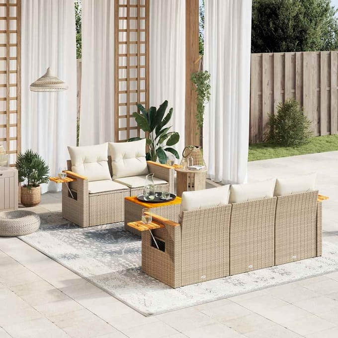 vidaXL - 6-delige - Loungeset - met - kussens - poly - rattan - beige