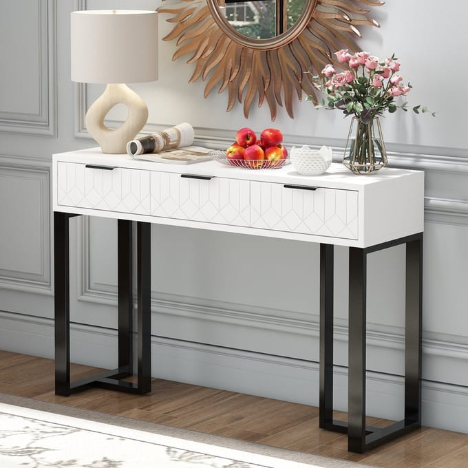 Sweiko Console - 3 laden - Goudkleurig frame - Verstelbare poten - Wit + Zwart