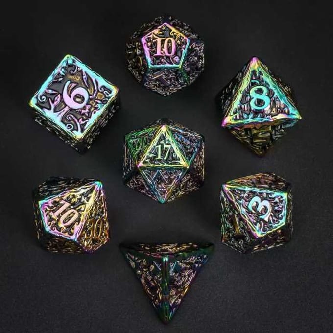 HOT Games dobbelstenen set metaal rainbow DND premium doos.
