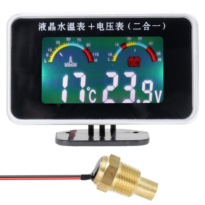 Auto LCD Digitaal Display Watertemperatuurmeter Thermometer Voltmeter Meter 2in1 Temp & Voltage zwart