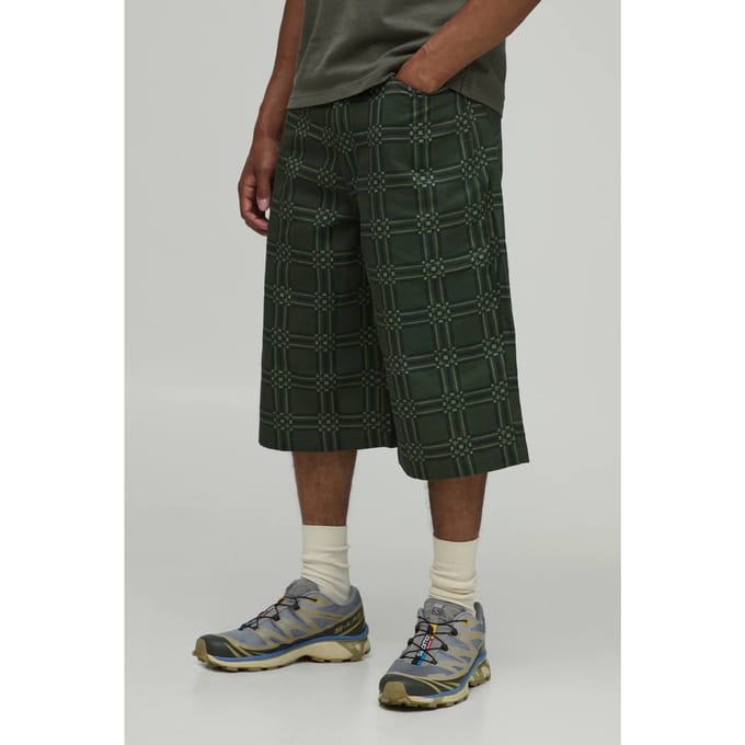 Baggy Longline Geruit Twill Short | Khaki | Size 36