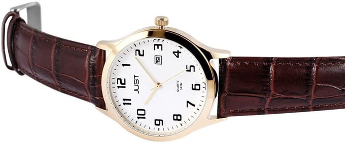 JUST Herenhorloge Echt leer van echt leer met datumweergave, 5 ATM waterdicht
