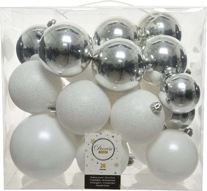 Decoris Kerstballen - 26x st - wit en zilver - 6-8-10 cm - kunststof - kerstversiering