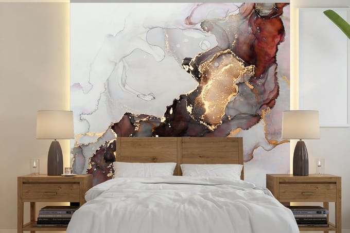 Behang - Fotobehang Rood - Marmer - Goud - Breedte 280 cm x hoogte 280 cm