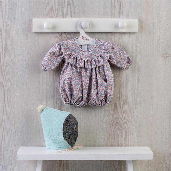 Asi poppenkleding - Bodysuit en muts Liberty print poppenoutfit.