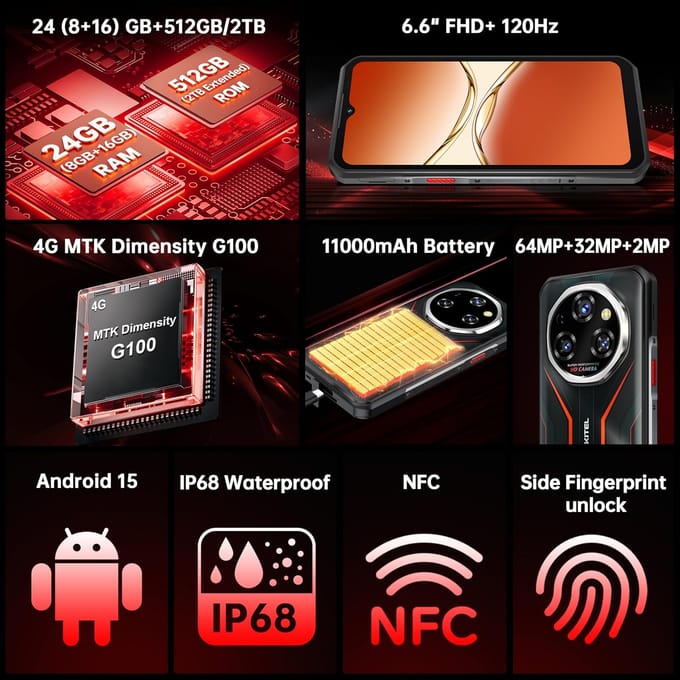OUKITEL WP55S Mobiele Telefoon 24GB+256GB 11000mAh 6.6  Scherm 64MP Android 15 Smartphone