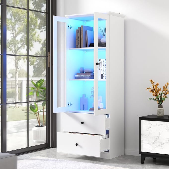MIVRAY Vitrinekast - Mat Wit Met LED Verlichting En USB Aansluiting - 2 Laden En Verstelbare Planken - MDF Glas - 60x35,5x165 Cm