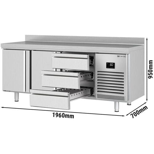 GGM Gastro Koelwerkbank PREMIUM PLUS - 1960x700mm - met 2 deuren - met 3 lades - met opstand zilver
