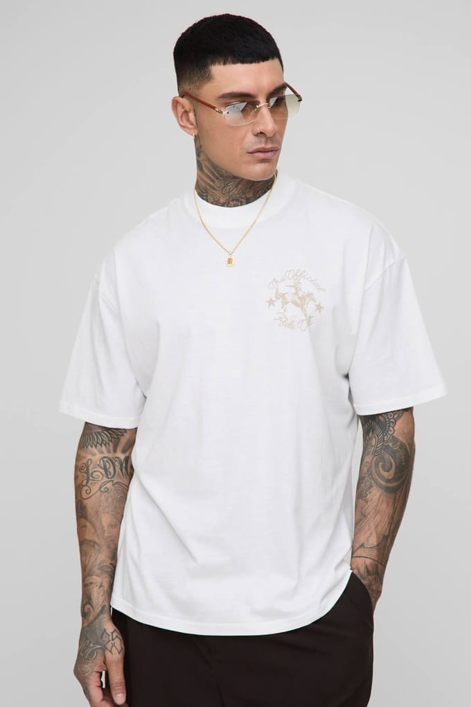 Lang Oversized Extended Neck Western Print T-Shirt | White | Size Medium