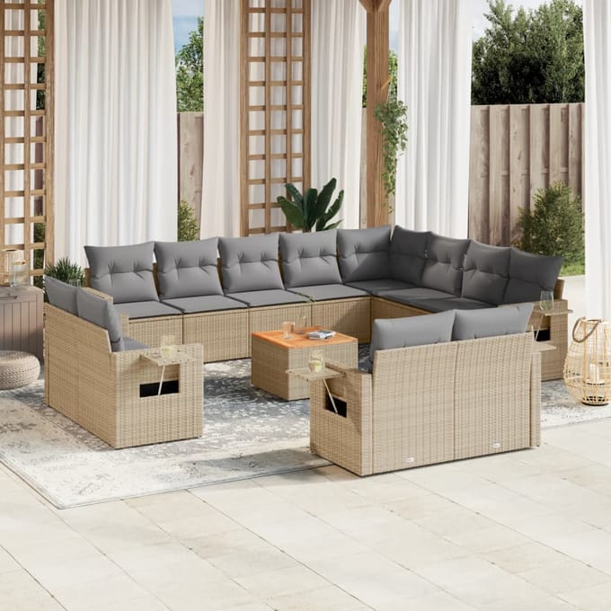 vidaXL - 13-delige - Loungeset - met - kussens - poly - rattan - beige