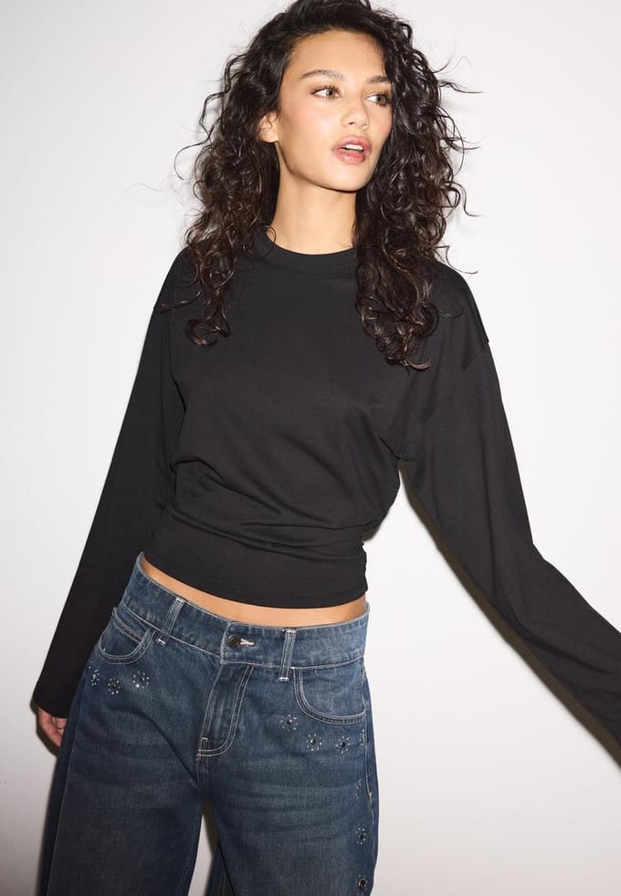 Stradivarius Geplooide top met lange mouw  Zwart M
