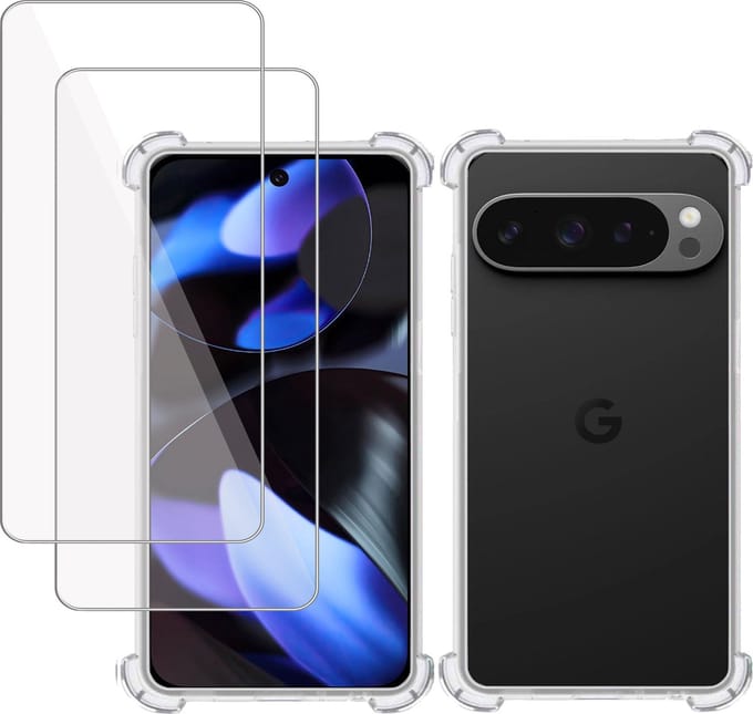 Hoesje + 2x Screenprotector geschikt voor Google Pixel 9 Pro XL – Tempered Glass - Extreme Shock Case Transparant