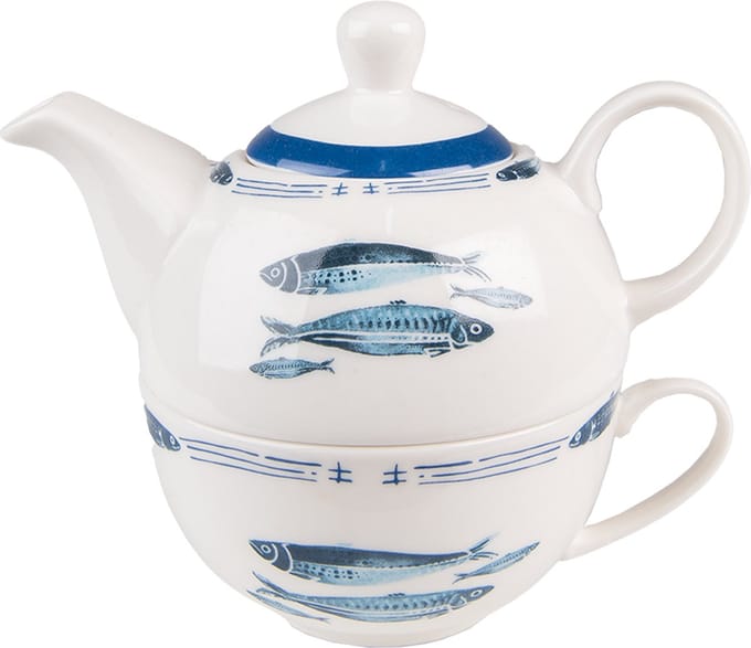 Clayre & Eef Tea for One 400 ml Wit Blauw Porselein Vissen