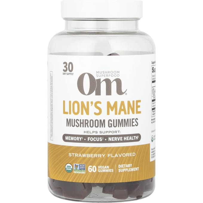 Om Mushrooms, Helicoptera paddenstoelgummies, aardbeien, 60 veganistische gummies