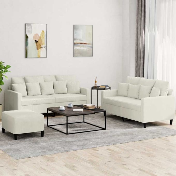 vidaXL - 3-delige - Loungeset - met - kussens - fluweel - crèmekleurig