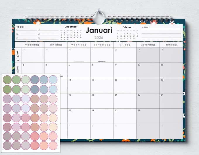 Kalender 2026 - (A4+) - 48 morandi stickers - Bloemen - Belgische Feestdagen