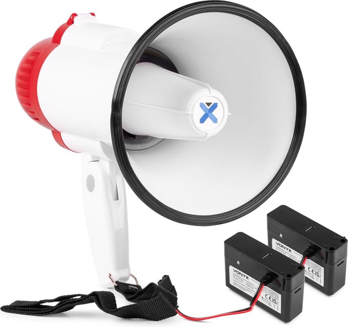 Vonyx MEG025 megafoon set met 2x lithium-ion accu’s - 25W Megafoon met sirene en Bluetooth - Roodwit