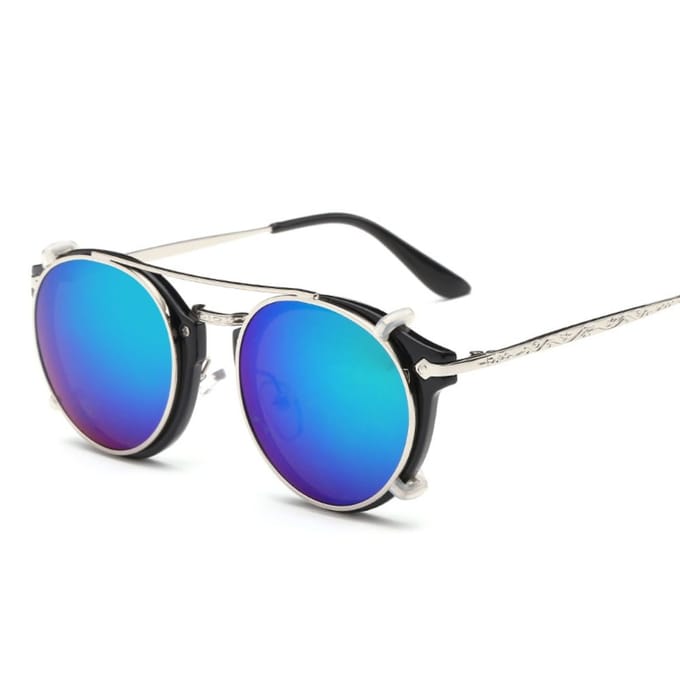 Lunettes de soleil coréennes Steampunk à double couche et rabattables, avec étui noir, style punk, double usage, pour l'extérieur. blue