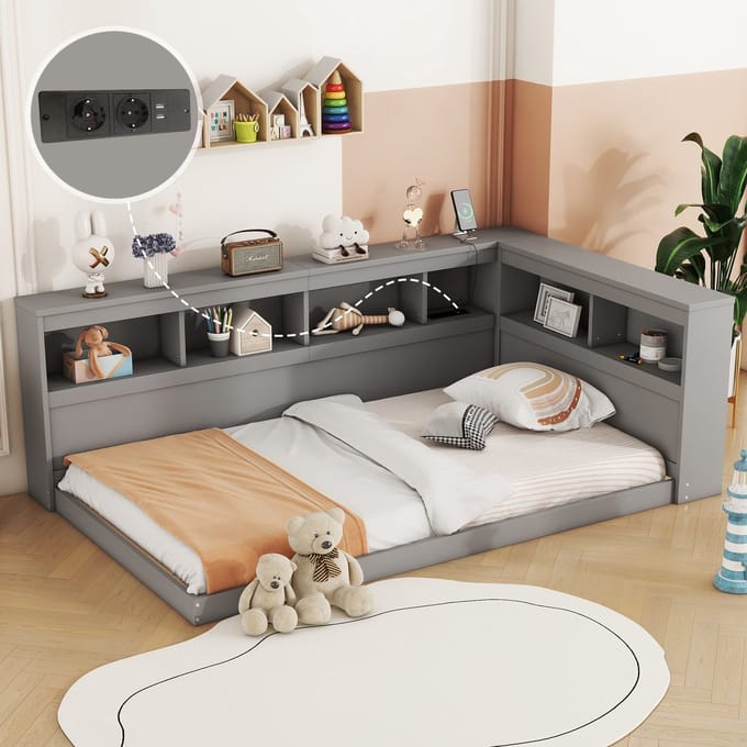 Daybed 90x200 - Slaapbank met USB en Stopcontact - Spaanplaat - Grijs